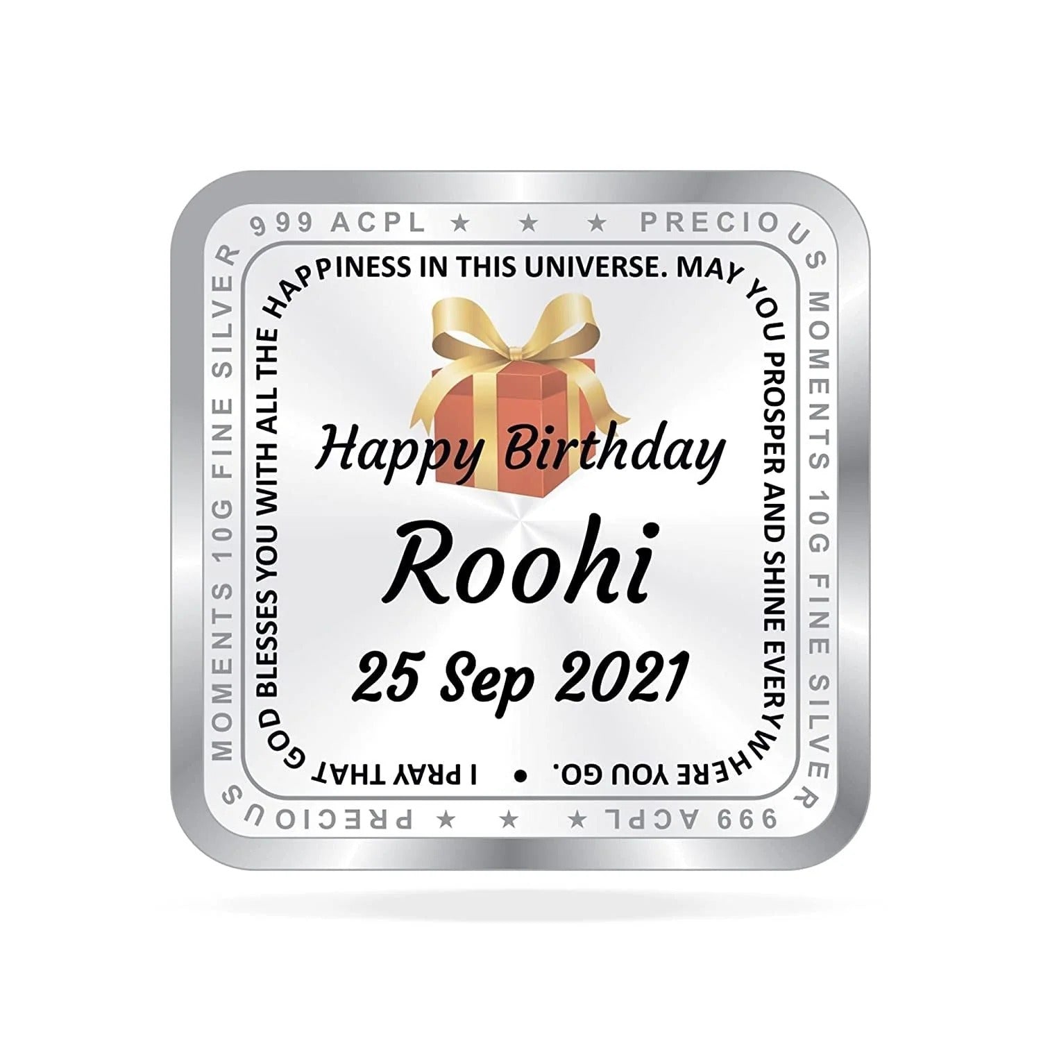 BIS Hallmarked Personalised Happy Birthday Silver Square Coin 999 Purity