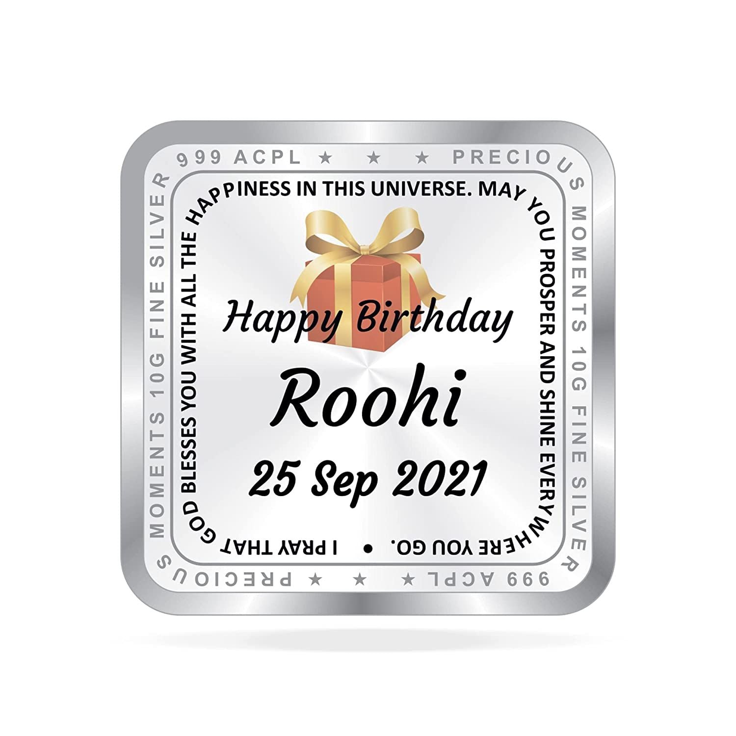BIS Hallmarked Personalised Happy Birthday Silver Square Coin 999 Purity