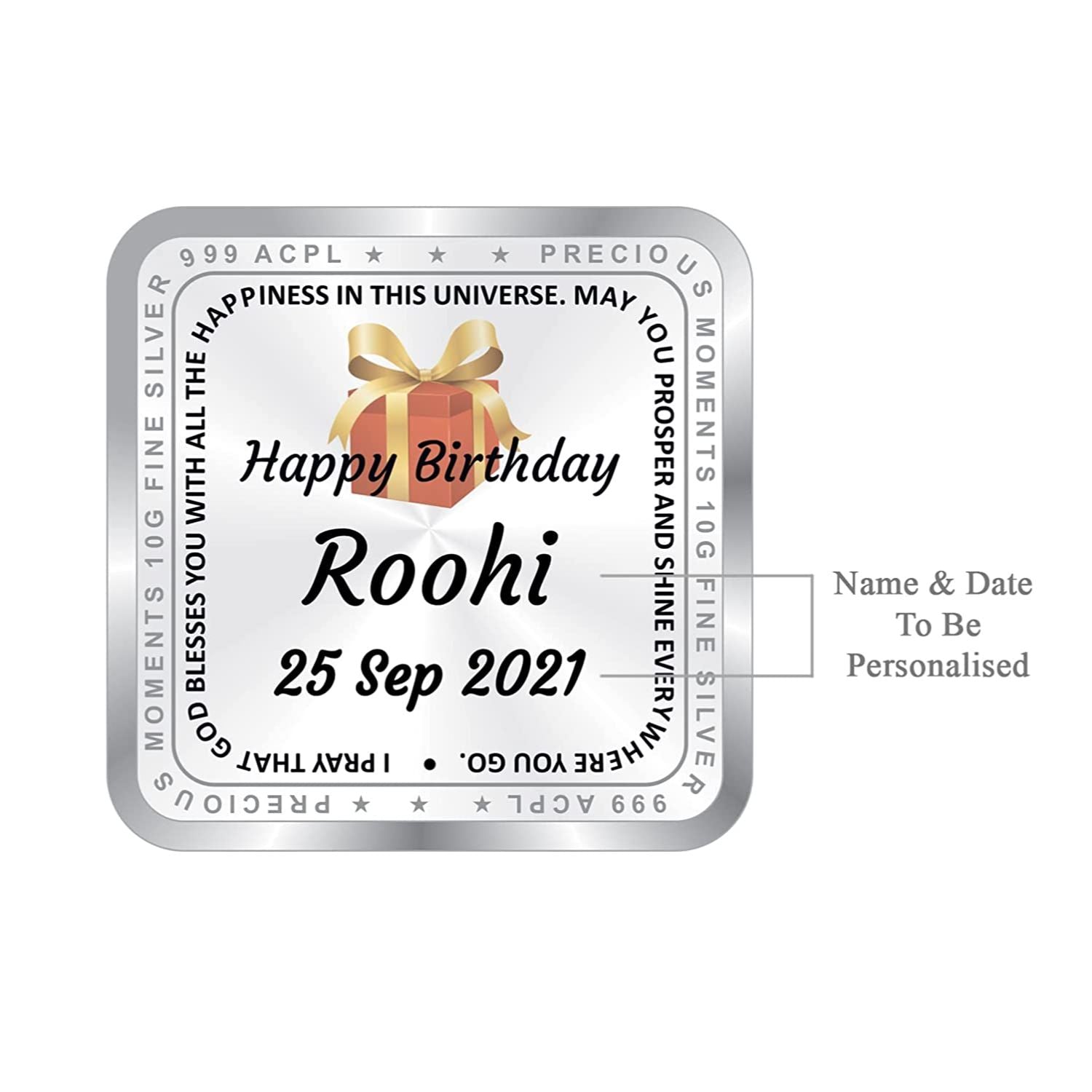 BIS Hallmarked Personalised Happy Birthday Silver Square Coin 999 Purity
