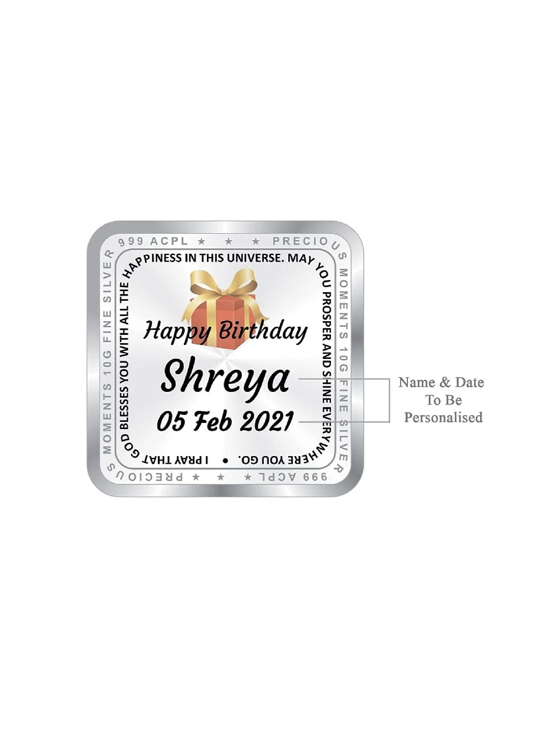 BIS Hallmarked Happy Birthday Personalised Silver Square Coin 999 Pure