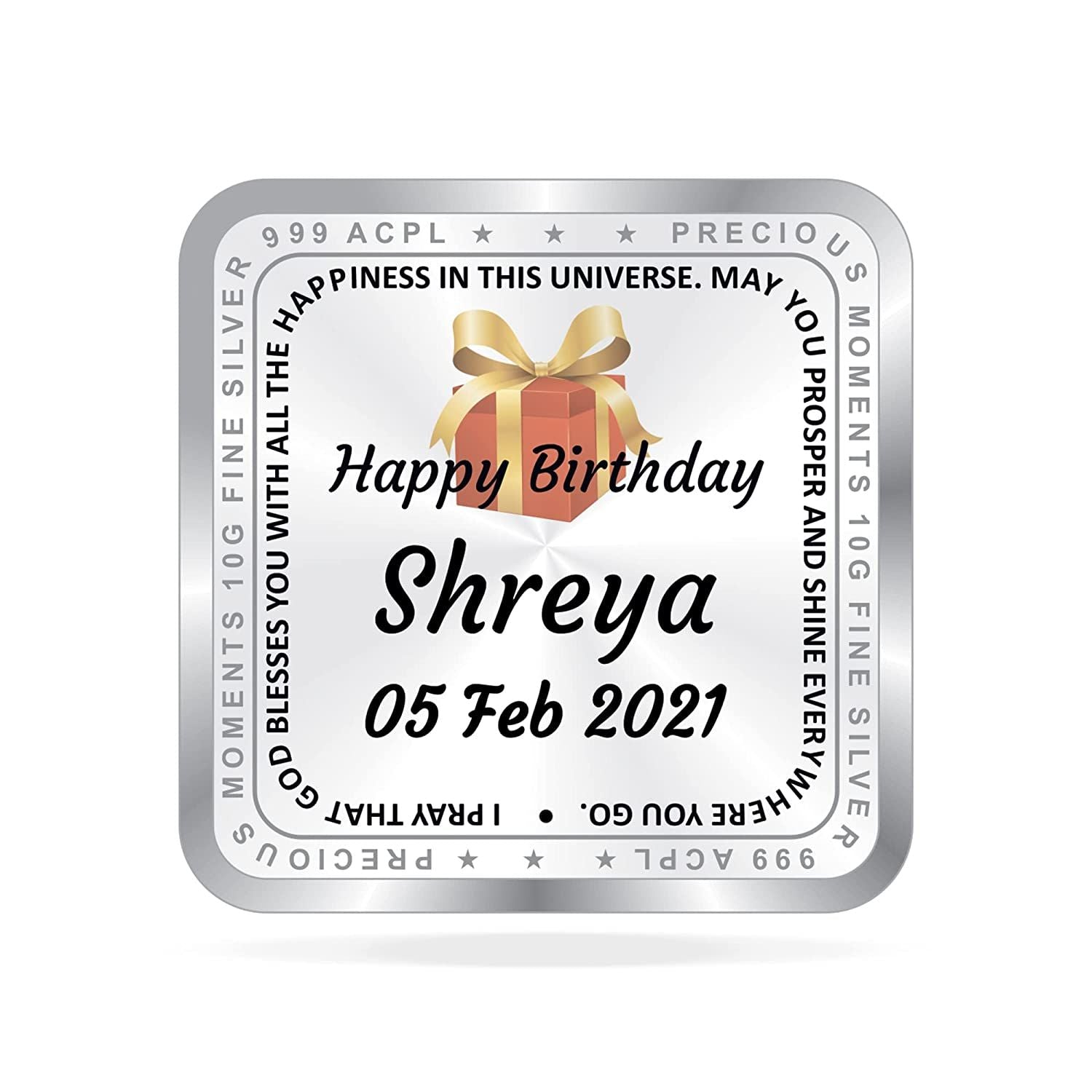 BIS Hallmarked Happy Birthday Personalised Silver Square Coin 999 Pure