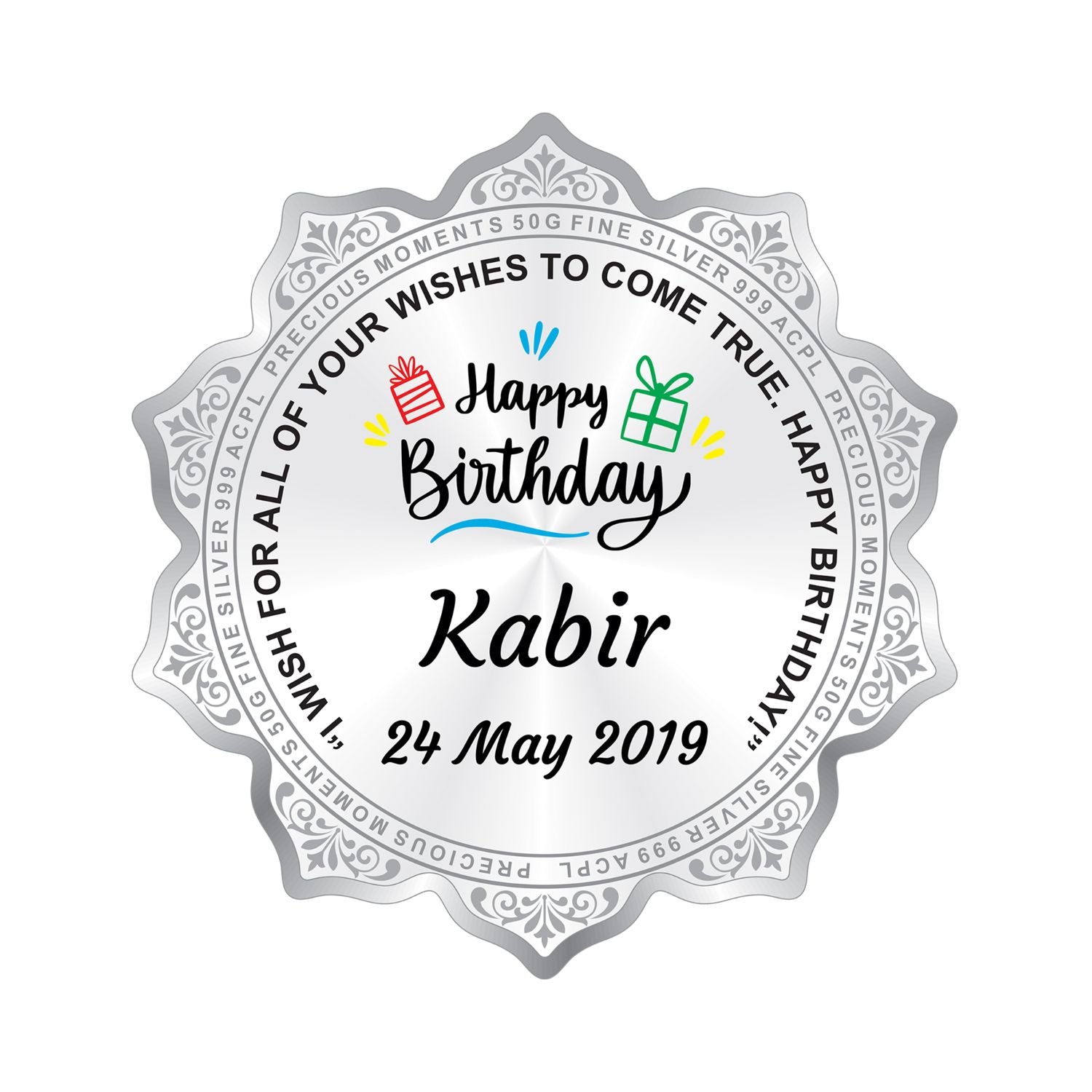 BIS Hallmarked Silver Coin Personalised Birthday Gift Flower Shape 999 Pure