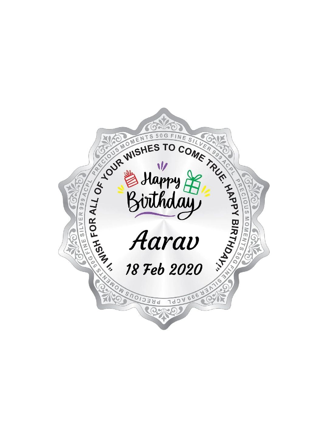 BIS Hallmarked Personalised Silver Coin Happy Birthday Flower Shape 999 Pure