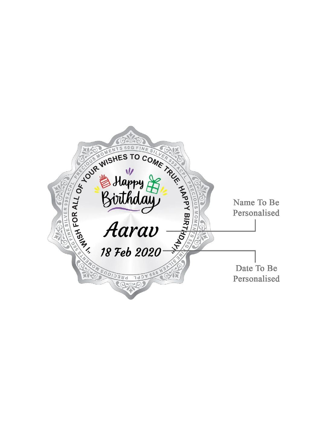 BIS Hallmarked Personalised Silver Coin Happy Birthday Flower Shape 999 Pure