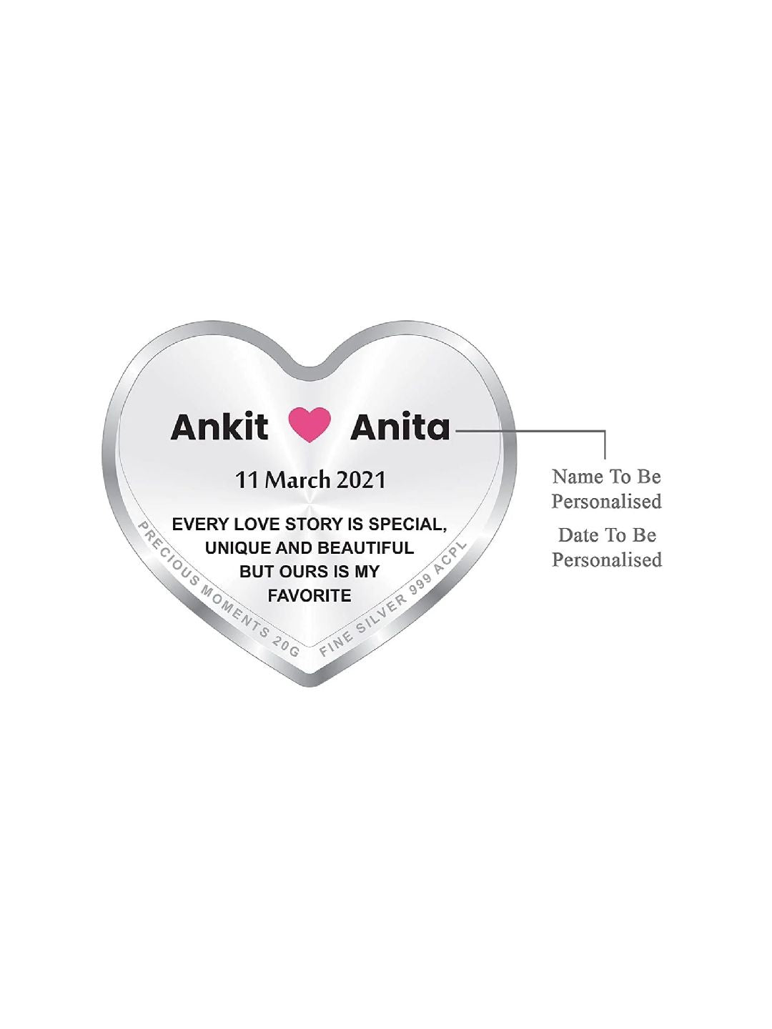 BIS Hallmarked Personalised Newly Married Heart Silver Coin 999 Pure