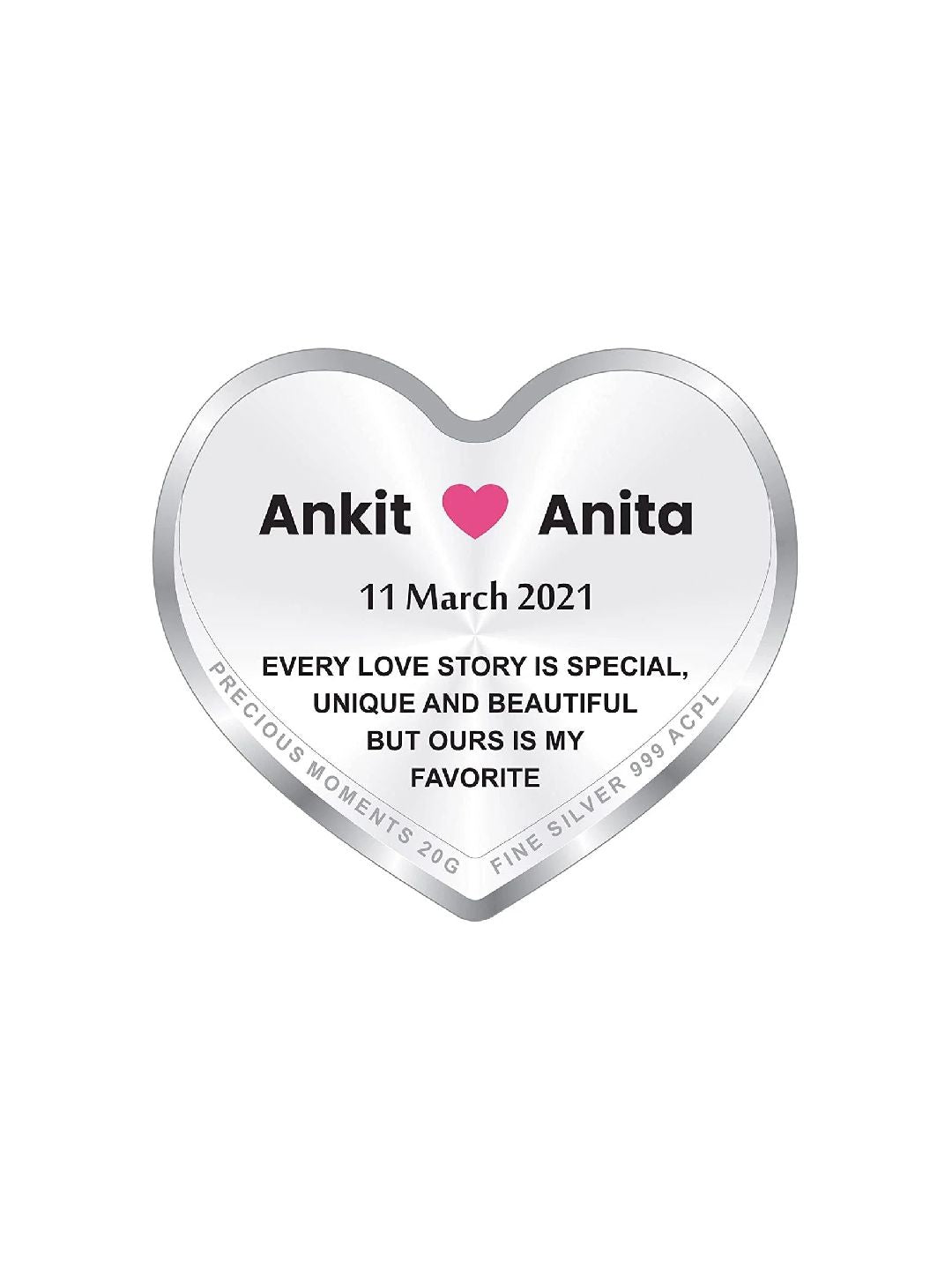 BIS Hallmarked Personalised Newly Married Heart Silver Coin 999 Pure