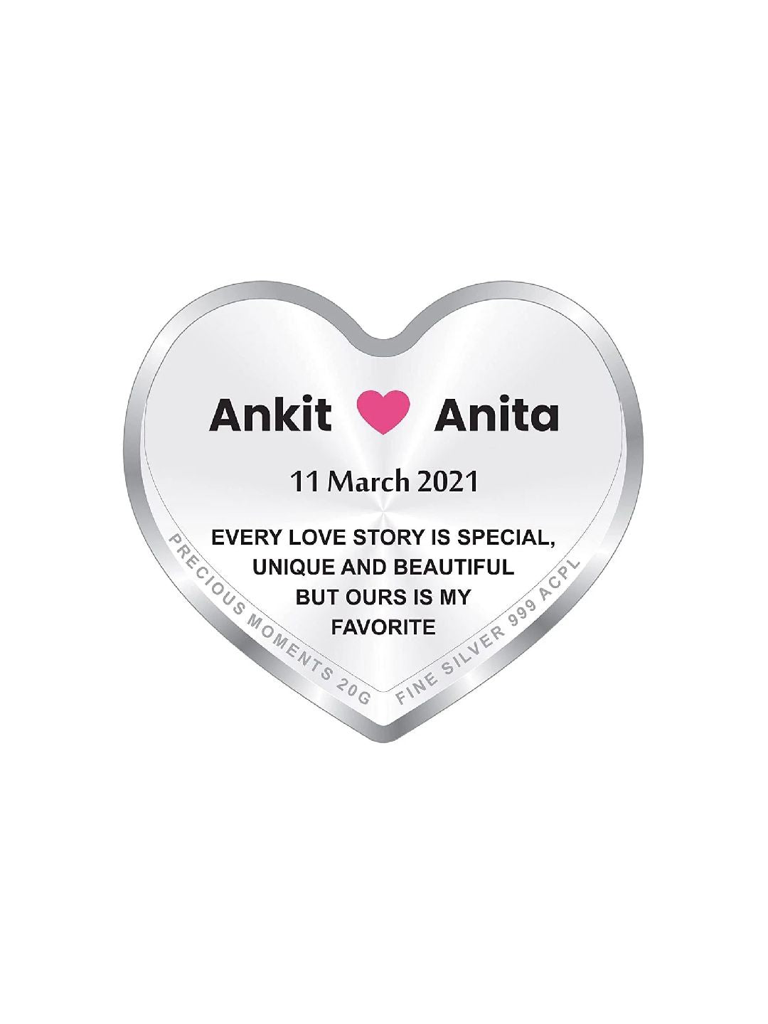 BIS Hallmarked Personalised Newly Married Heart Silver Coin 999 Pure