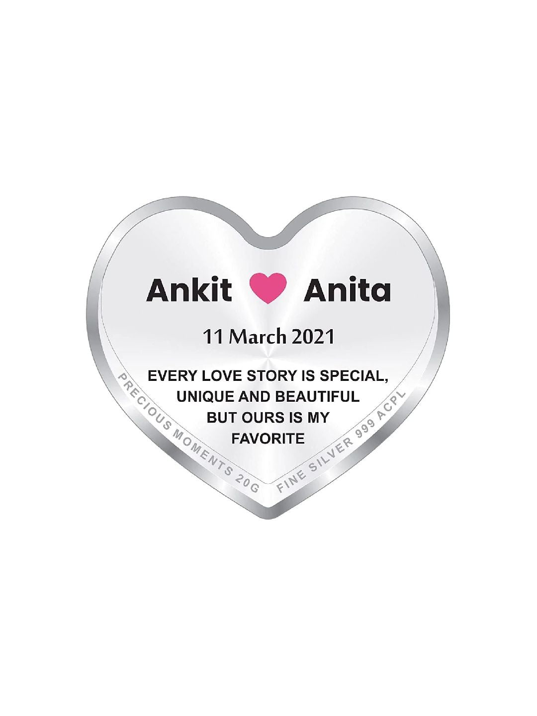 BIS Hallmarked Personalised Newly Married Heart Silver Coin 999 Pure