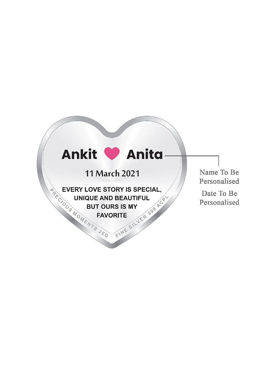 BIS Hallmarked Personalised Newly Married Heart Silver Coin 999 Pure