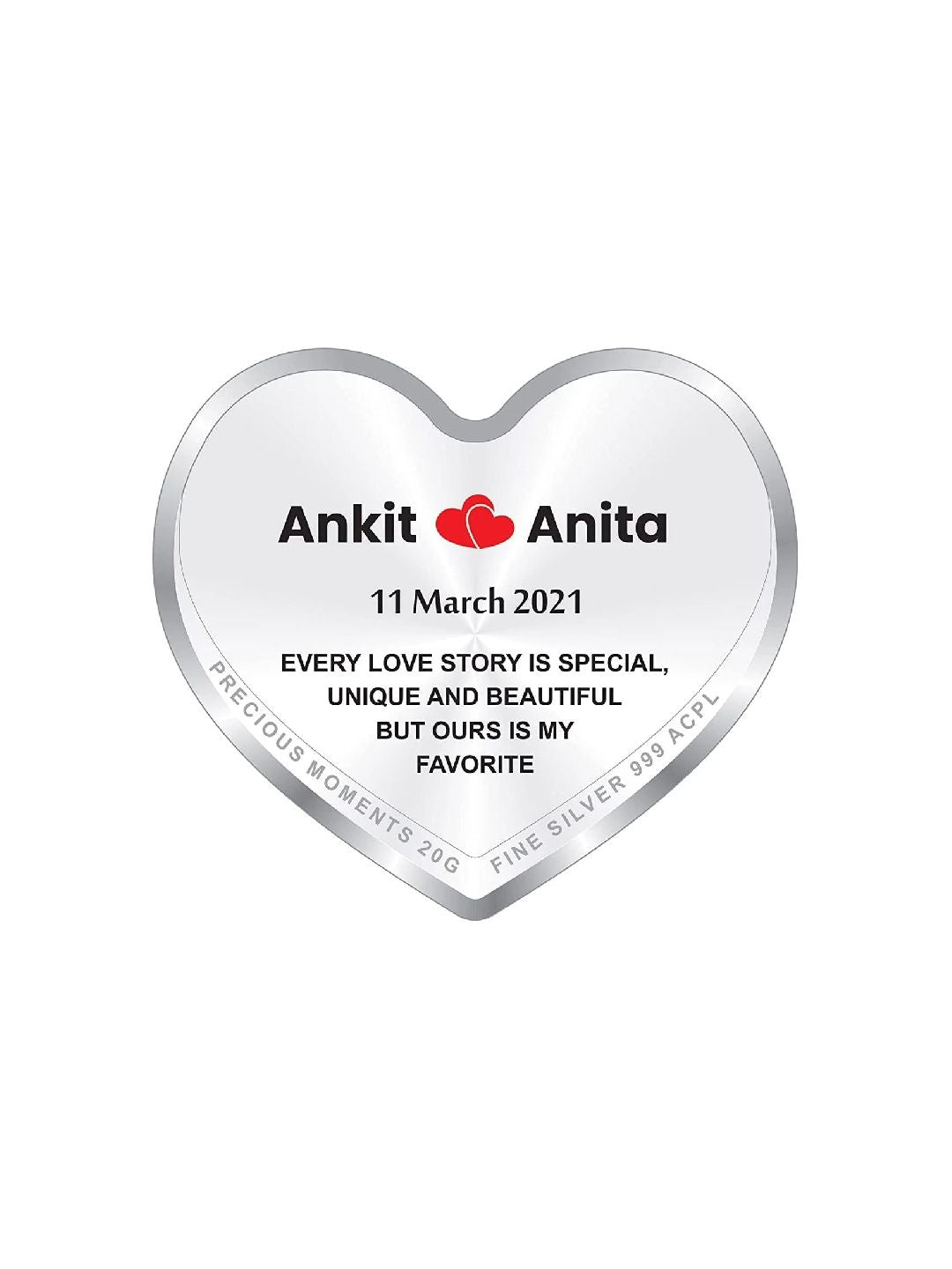BIS Hallmarked Personalised Newly Married Heart Silver Coin 999 Pure