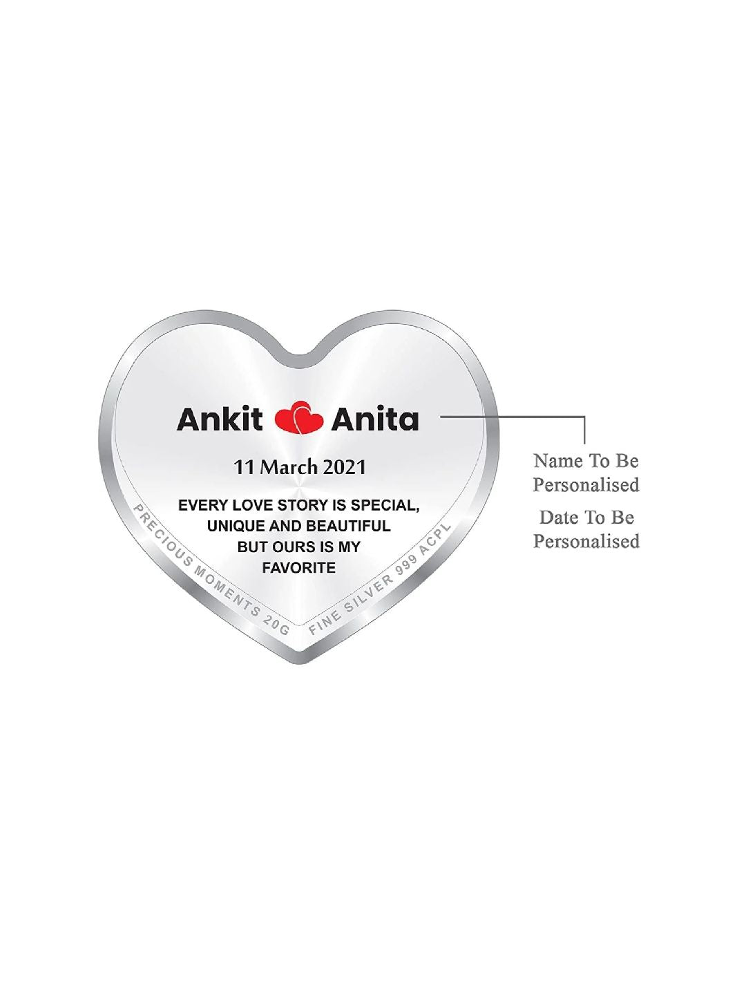 BIS Hallmarked Personalised Newly Married Heart Silver Coin 999 Pure