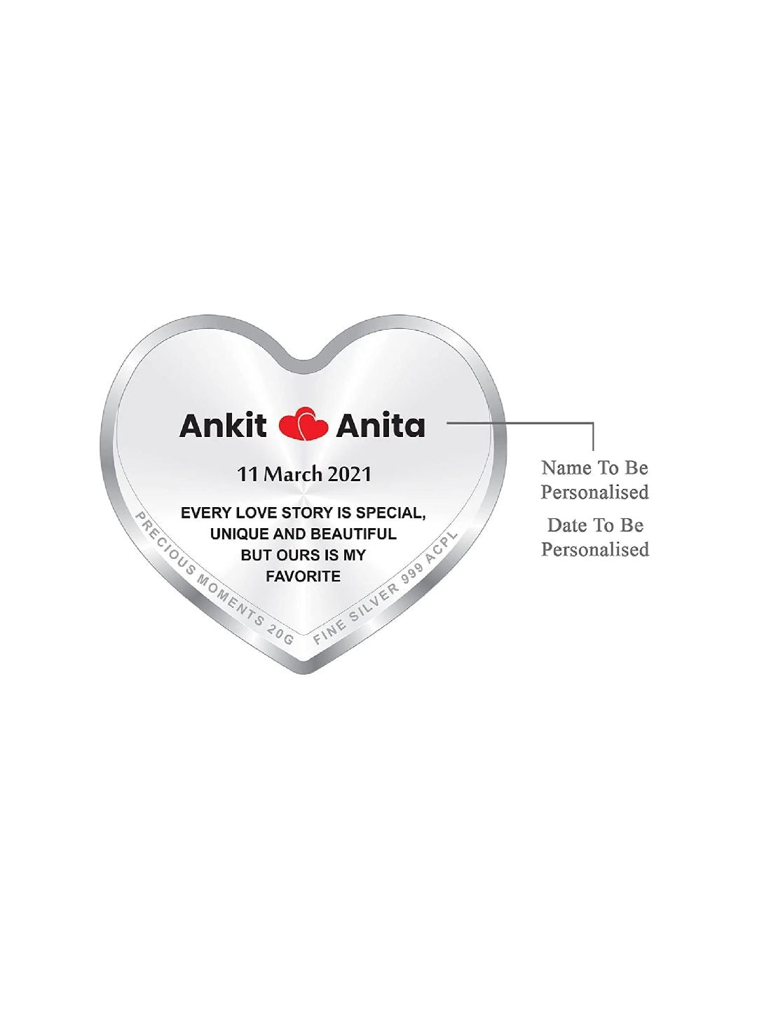 BIS Hallmarked Personalised Newly Married Heart Silver Coin 999 Pure