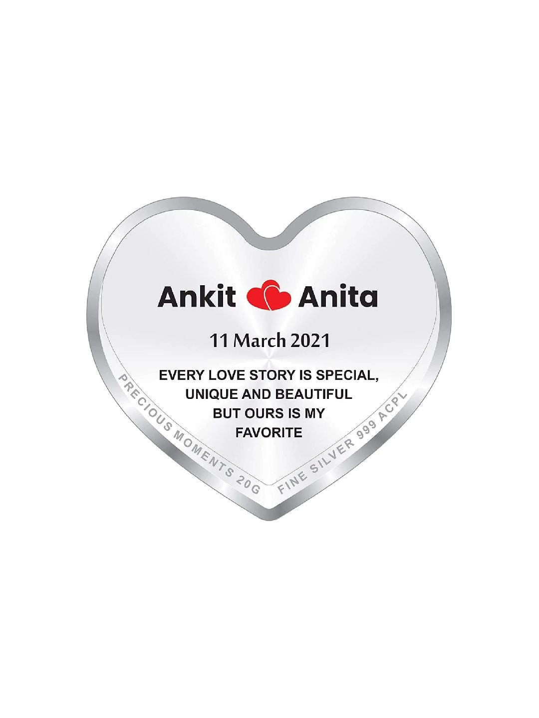 BIS Hallmarked Personalised Newly Married Heart Silver Coin 999 Pure