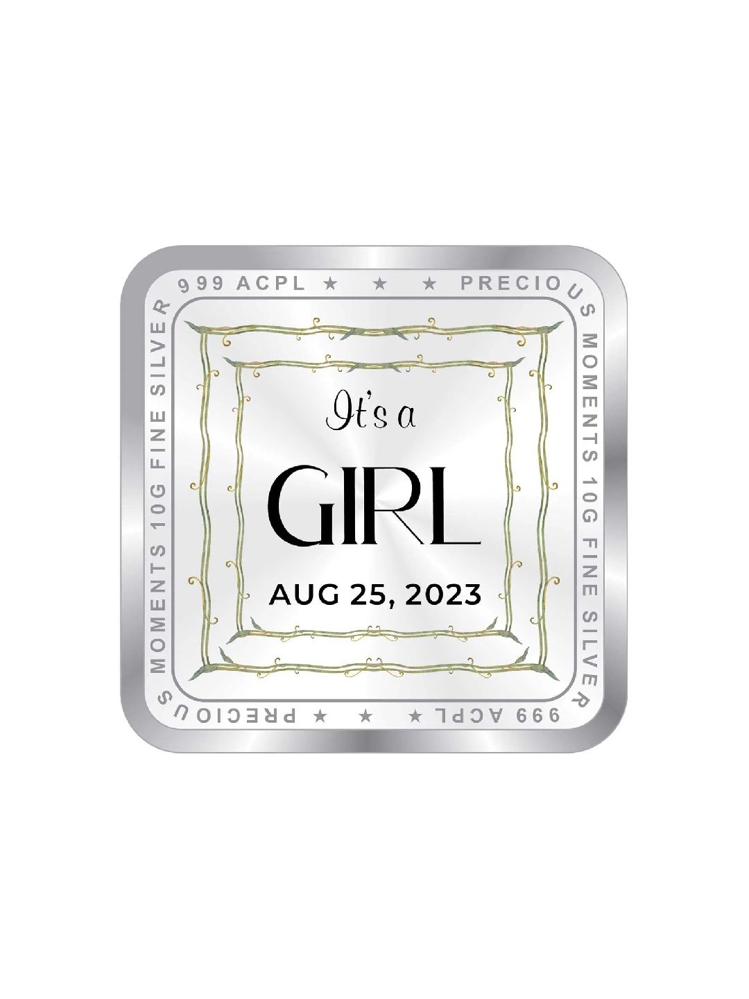 BIS Hallmarked Personalised New Born Baby Girl Silver Square Coin 999 Purity