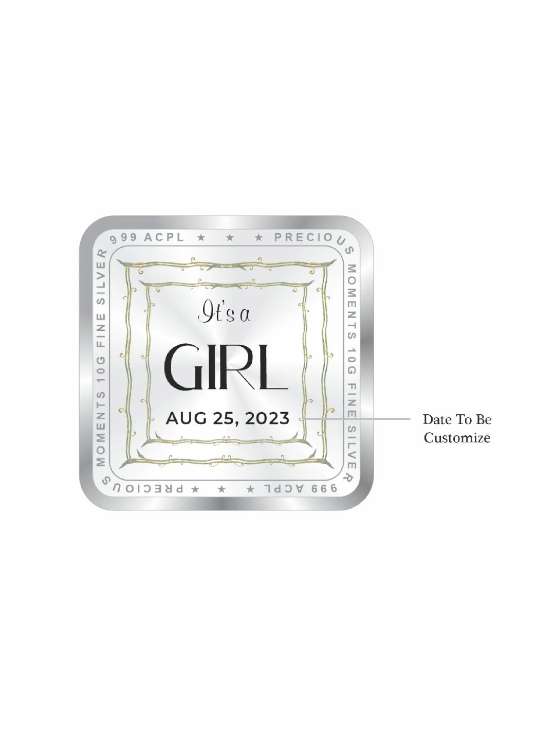 BIS Hallmarked Personalised New Born Baby Girl Silver Square Coin 999 Purity
