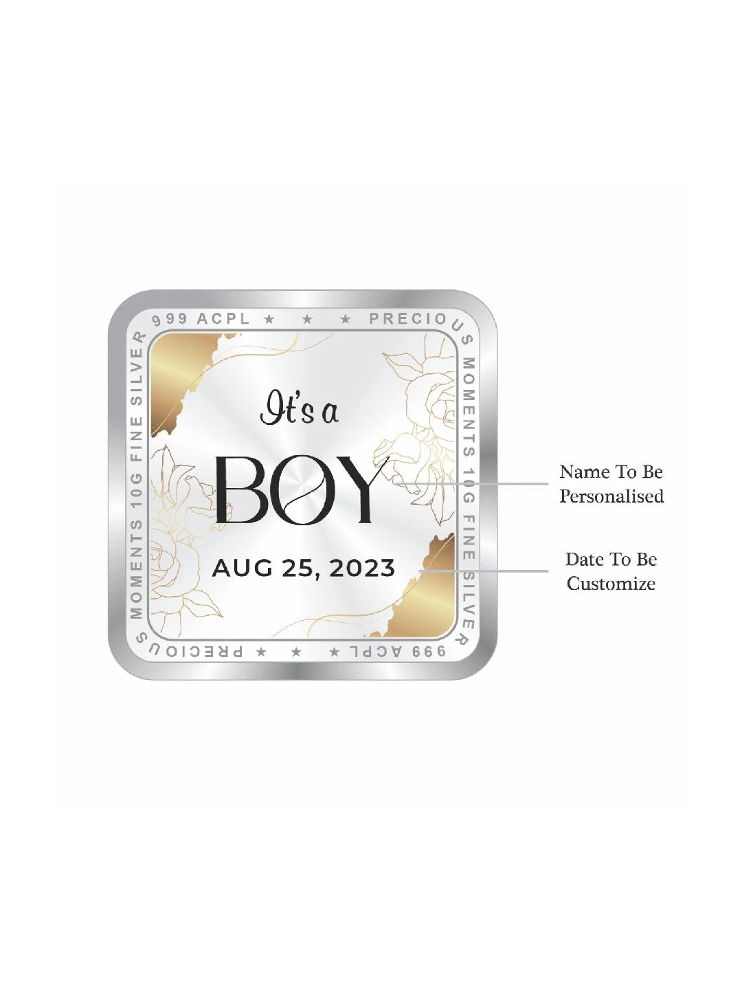 BIS Hallmarked Personalised New Born Baby Boy Square Silver Coin 999 Purity