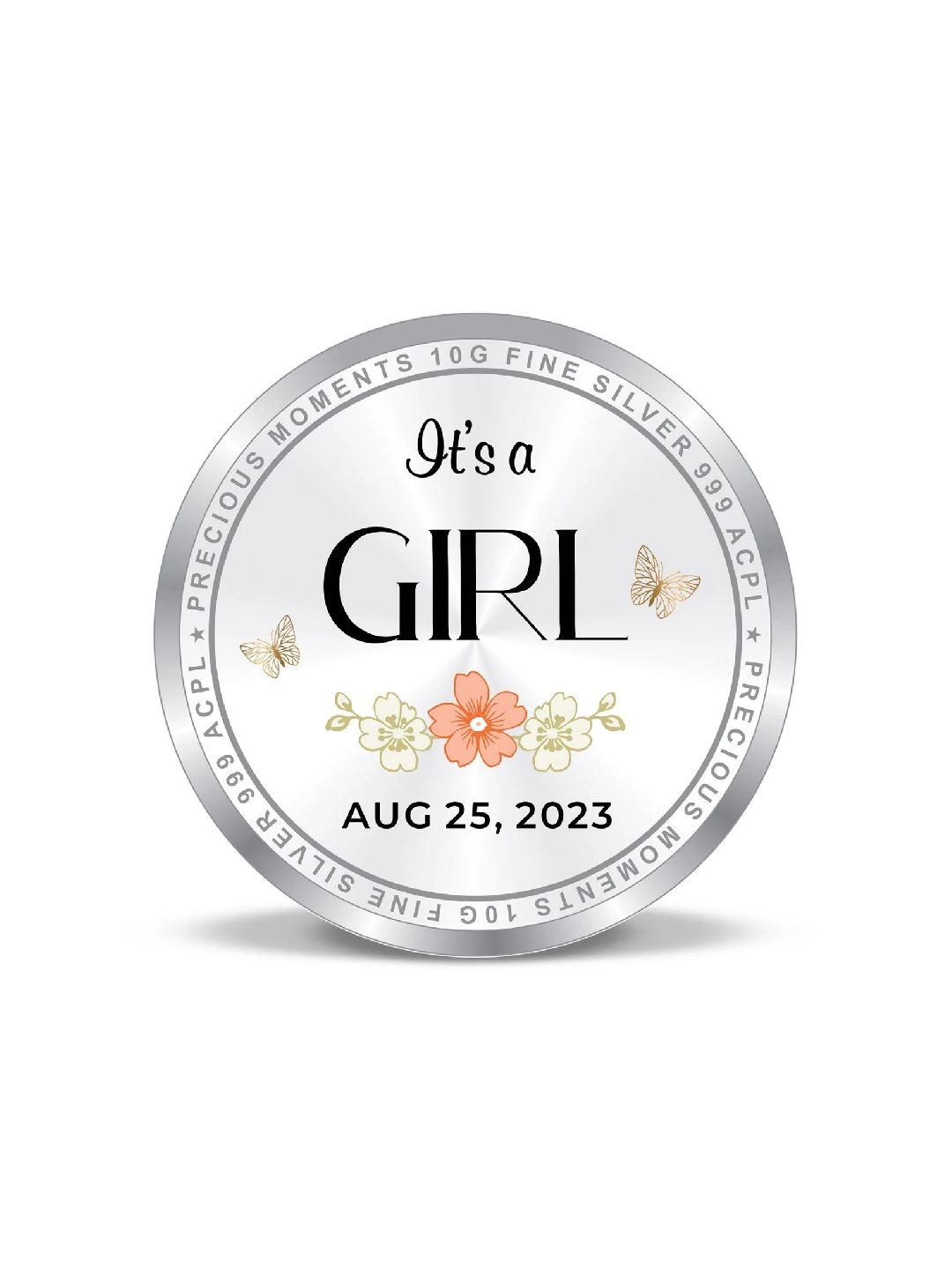BIS Hallmarked Personalised New Born Baby Girl Silver Round Coin 999 Purity