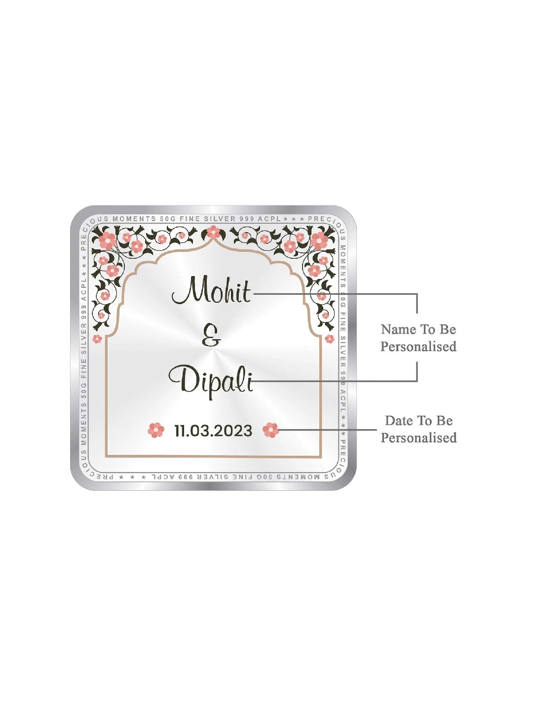 BIS Hallmarked Personalised Newly Married Anniversary Beautiful Square Silver Coin ( 999 Purity )