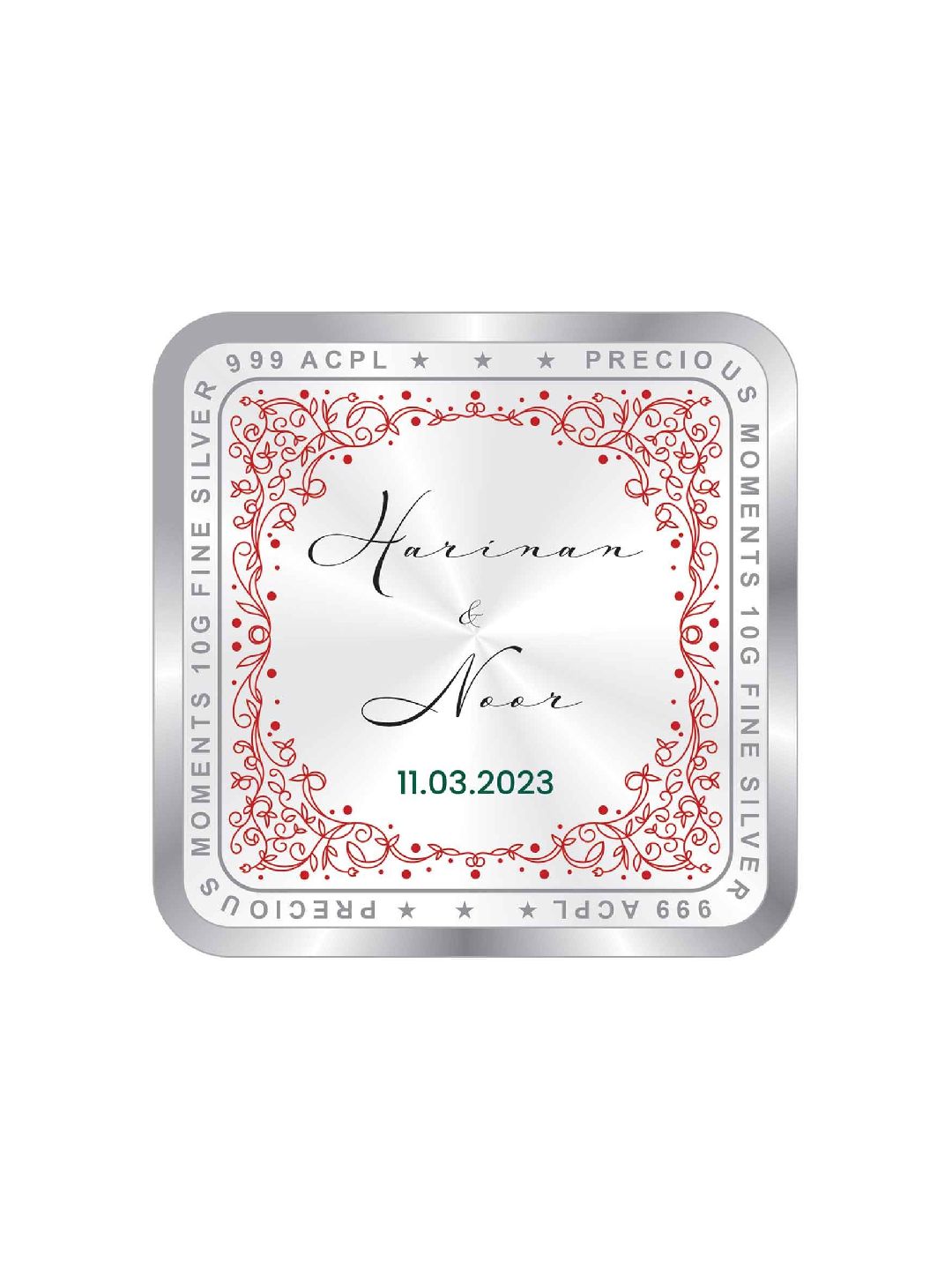 BIS Hallmarked Personalised Newly Married Anniversary Beautiful Square 999 Pure Silver Coin