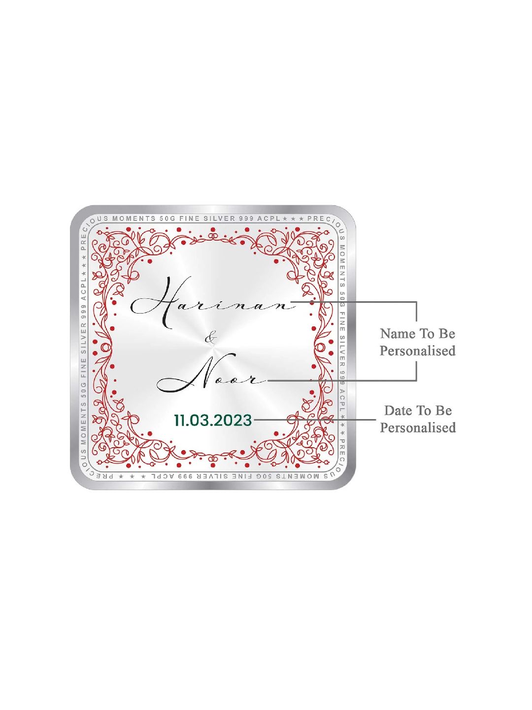 BIS Hallmarked Personalised Newly Married Anniversary Beautiful Square 999 Pure Silver Coin