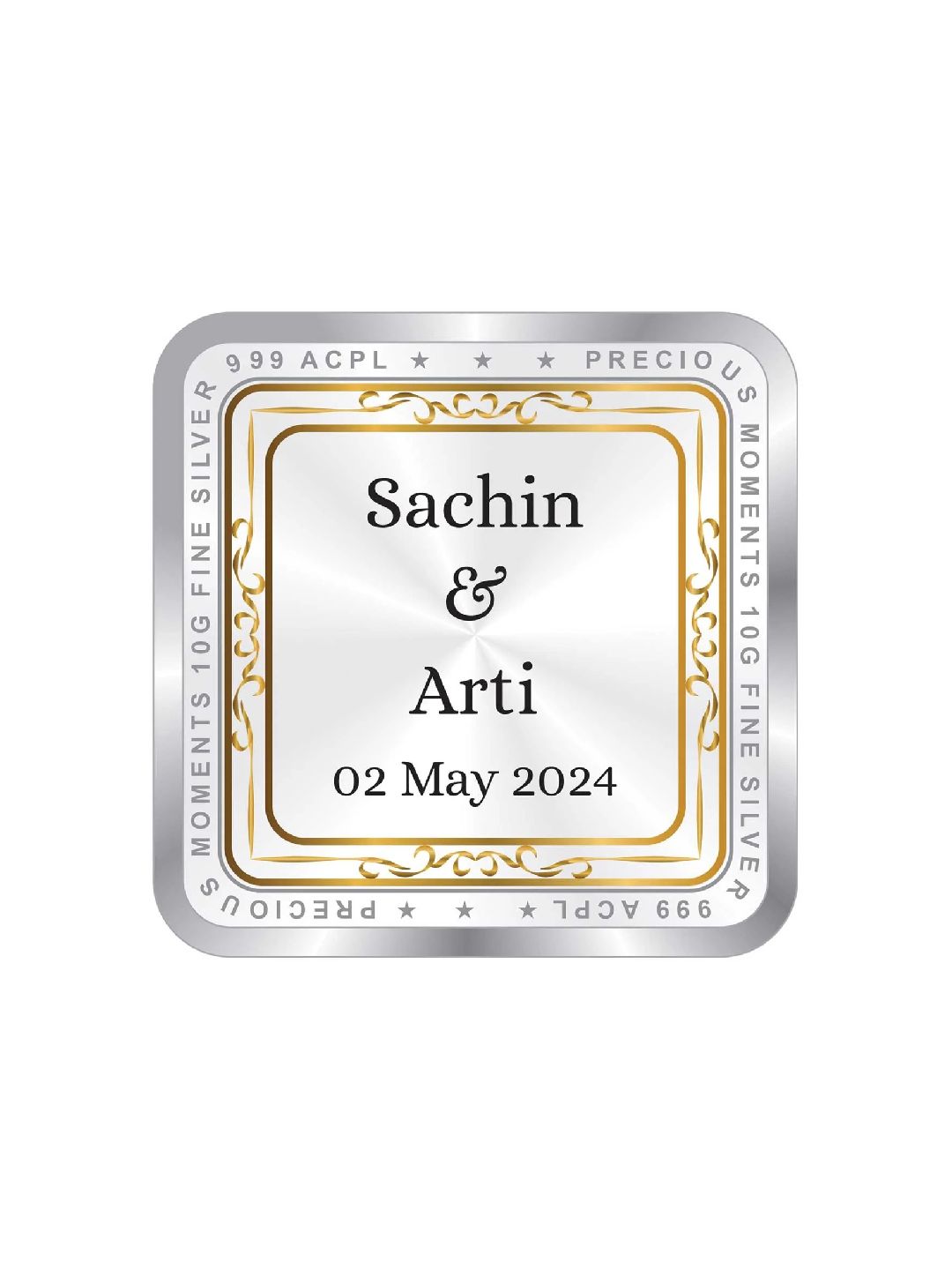 BIS Hallmarked Personalised Newly Married Anniversary Beautiful Square Silver Coin  ( 999 Purity )