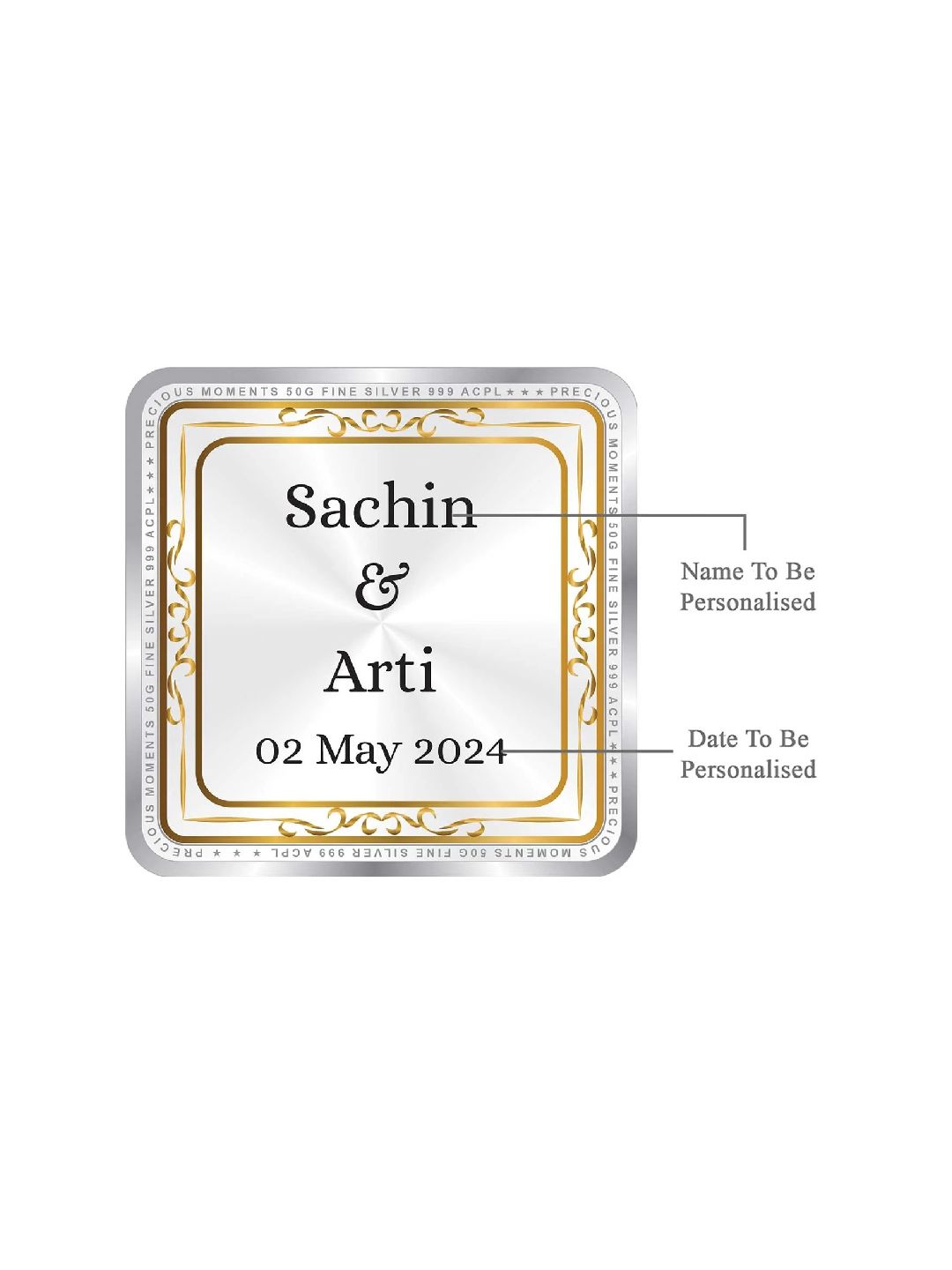 BIS Hallmarked Personalised Newly Married Anniversary Beautiful Square Silver Coin  ( 999 Purity )