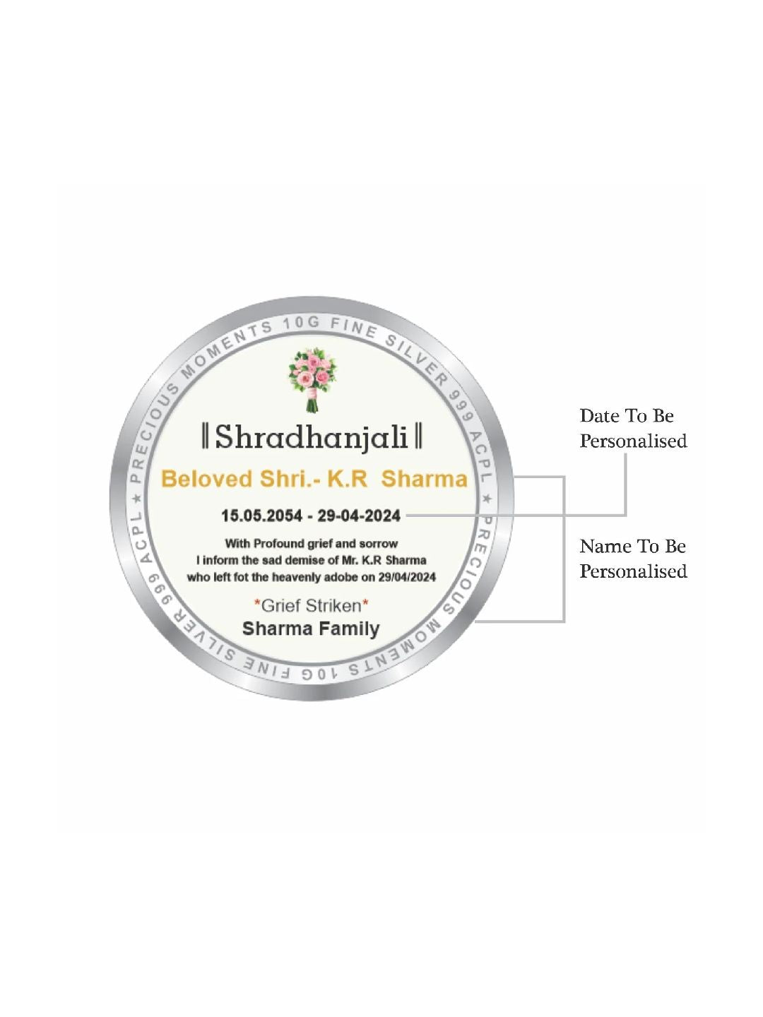BIS Hallmarked Personalised Memorial Gift in Loving Memory Death Anniversary 999 Pure Silver Coin