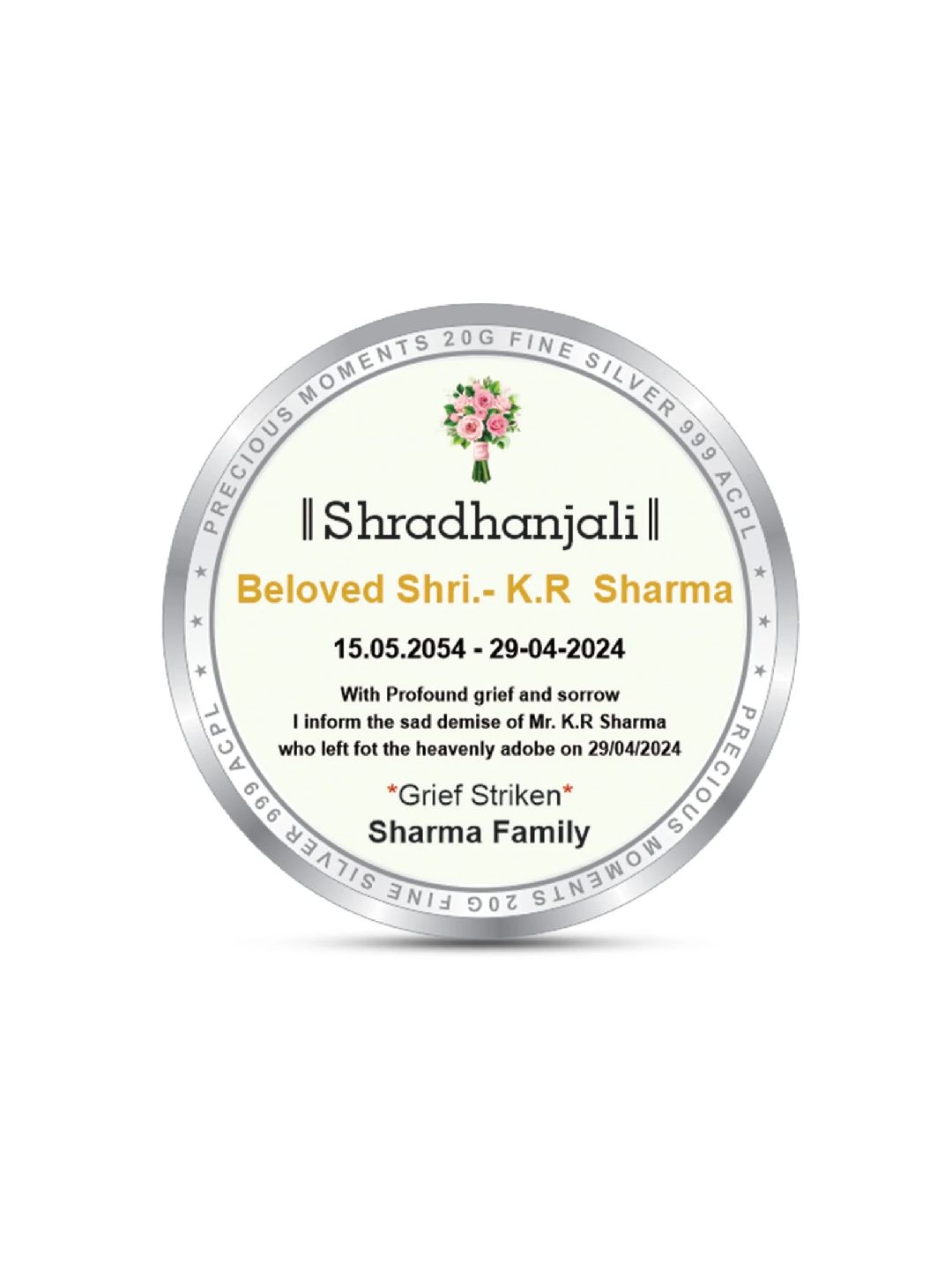 BIS Hallmarked Personalised Memorial Gift in Loving Memory Death Anniversary 999 Pure Silver Coin