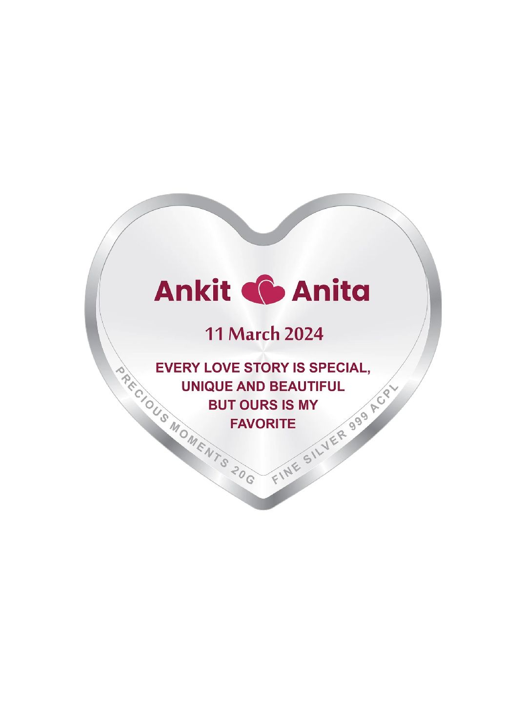 BIS Hallmarked Personalised Wedding Anniversary Heart Silver Coin 999 Pure