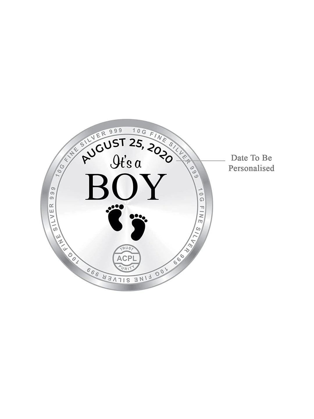BIS Hallmarked Personalised New-Born Baby Boy 999 Pure Silver Coin