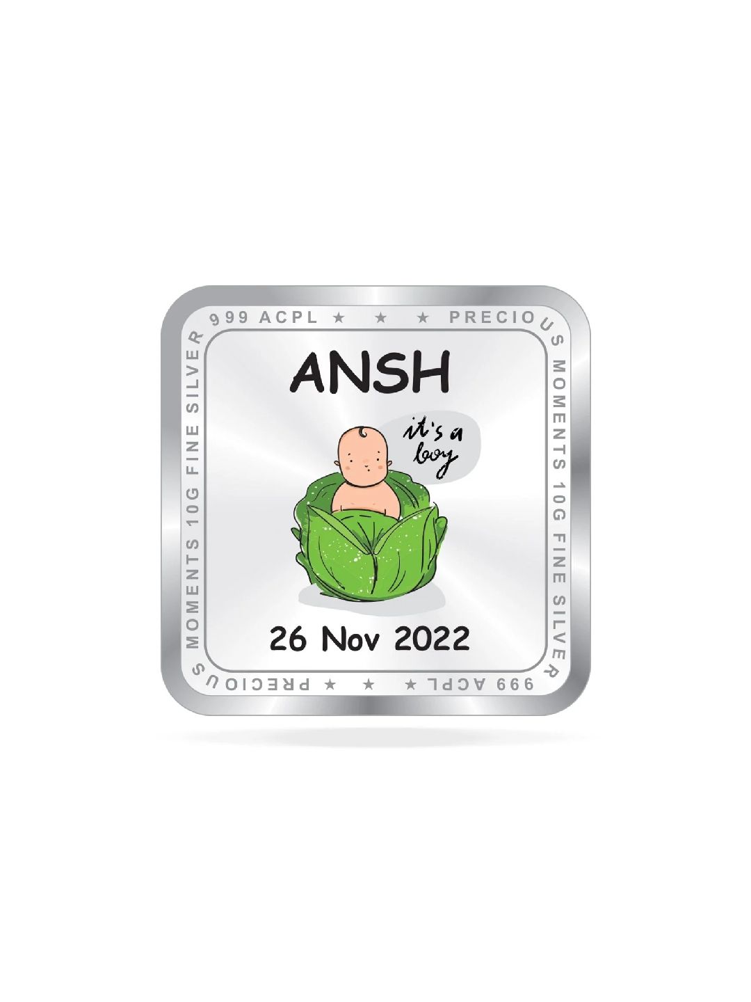 BIS Hallmarked Personalised New Born Baby Boy Silver Square Coin (999 Purity)