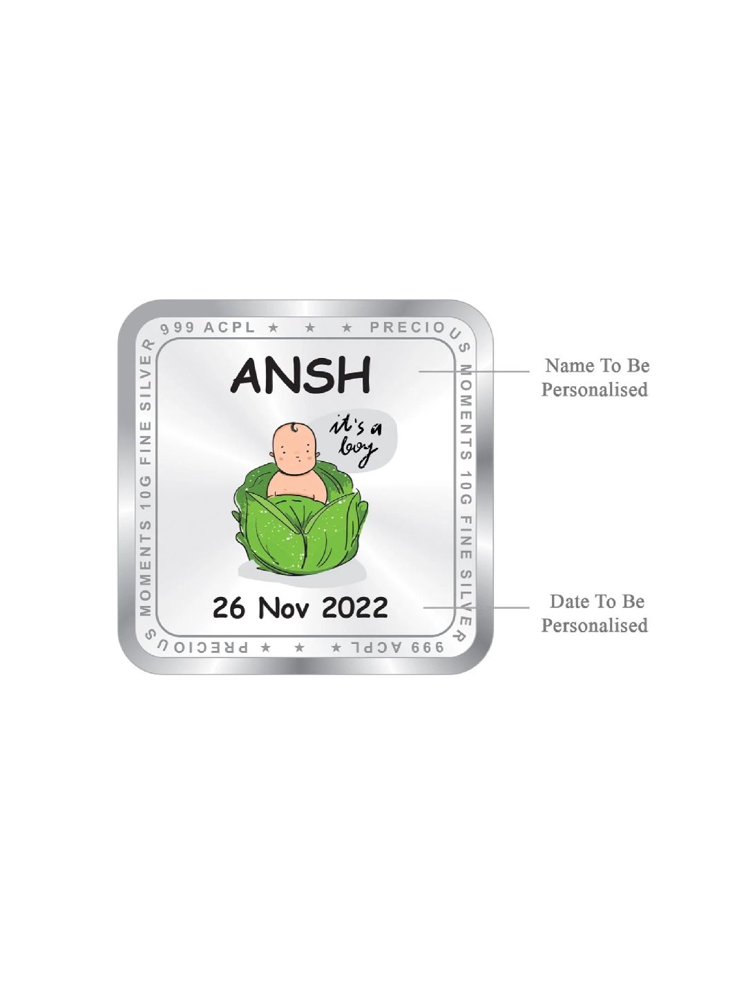 BIS Hallmarked Personalised New Born Baby Boy Silver Square Coin (999 Purity)