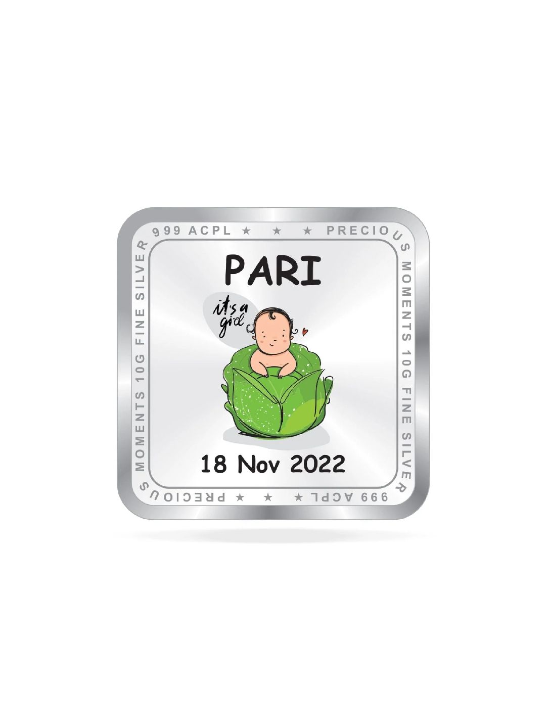 BIS Hallmarked Personalised New Born Baby Girl Silver Square Coin (999 purity)