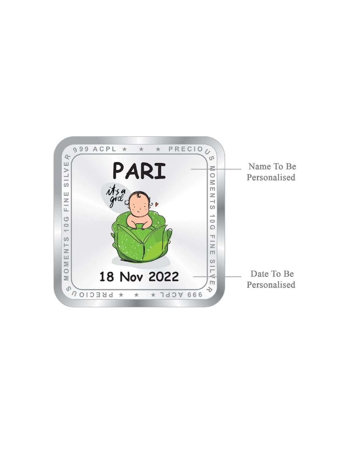 BIS Hallmarked Personalised New Born Baby Girl Silver Square Coin (999 purity)