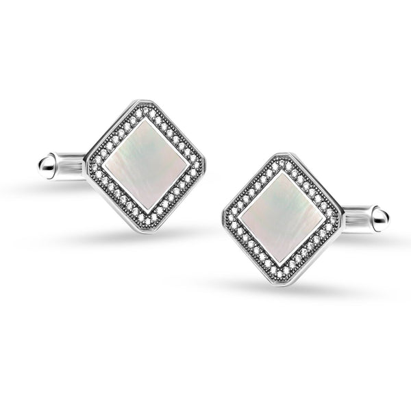 925 Sterling Silver Cubic-Zirconia Rhodium-Plated Square Wedding Cufflinks for Dad Father Grand-Father for Men