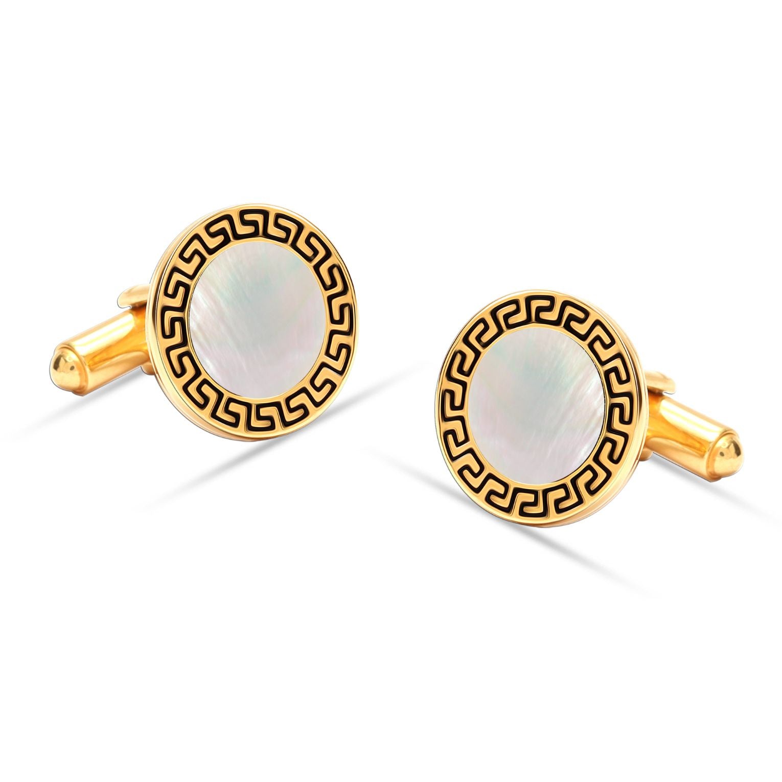 925 Sterling Silver 18K Gold-Plated Mother of Pearl Greek Key Cufflinks for Dad Father Grand-Father Men