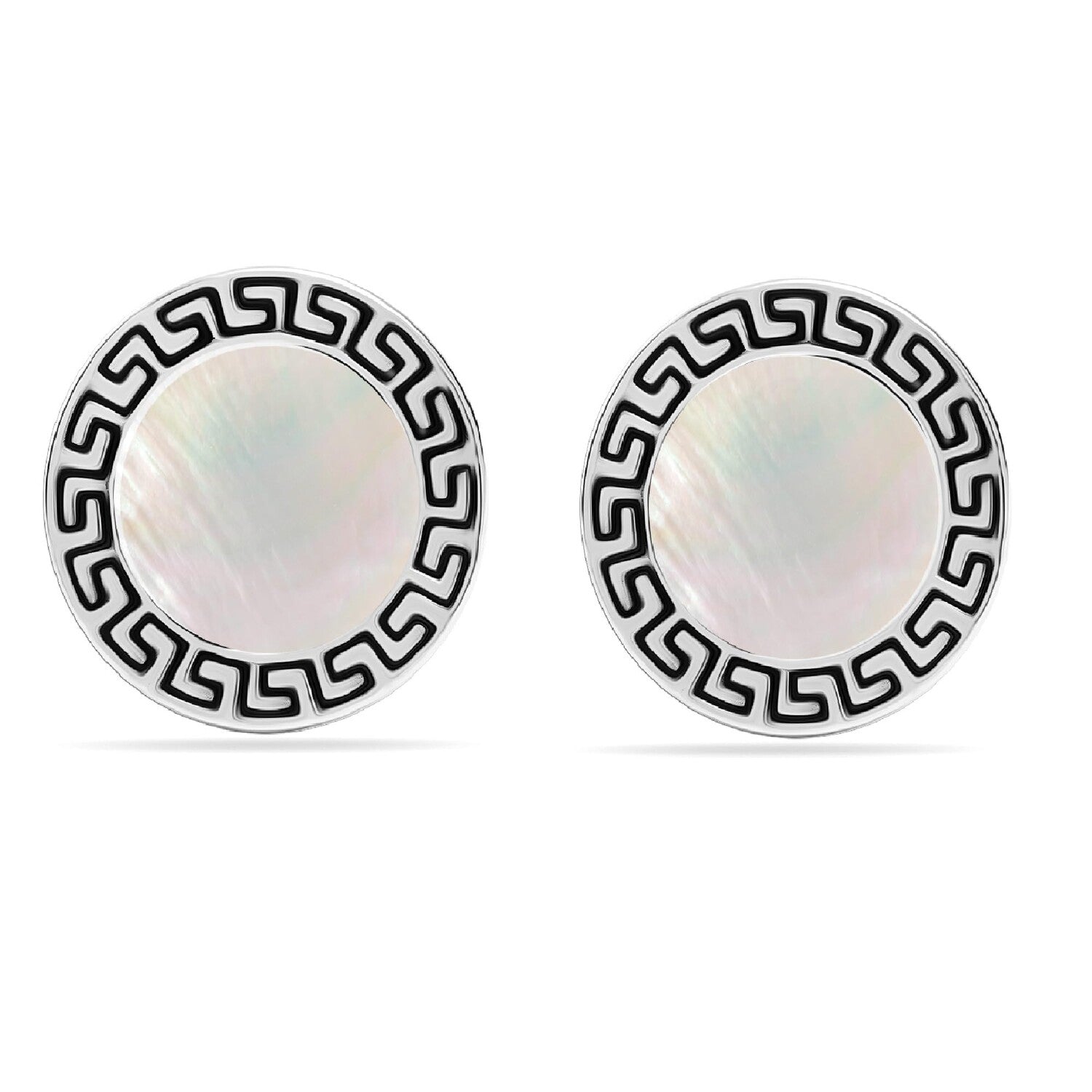 925 Sterling Silver Mother of Pearl Greek Key Cufflinks for Dad, Grand-Father, Men