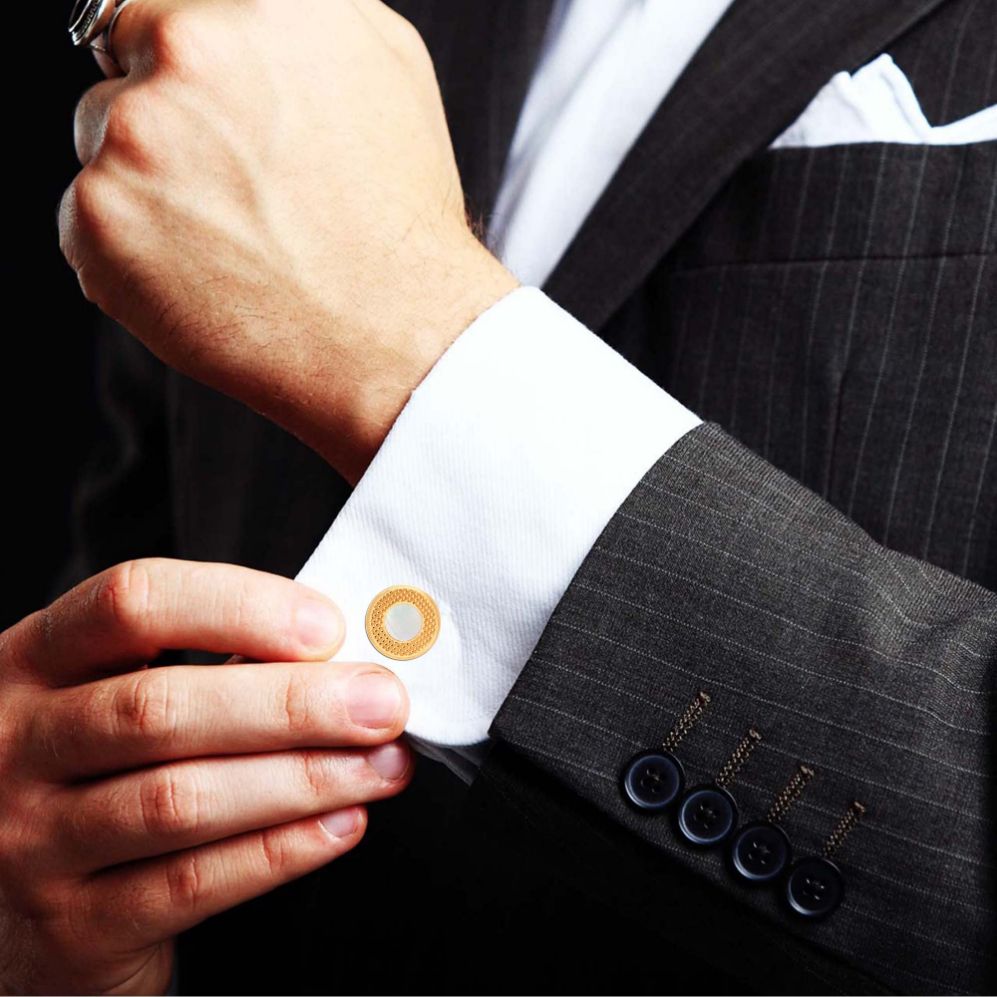 925 Sterling Silver 18K Gold-Plated Mother of Pearl Greek Key Cufflinks for Dad Father Grand-Father Men