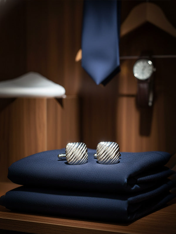 925 Sterling Silver Ribbed Cushion Square Cufflinks for Men