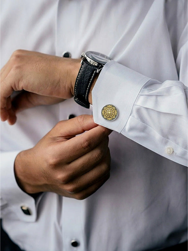 925 Sterling Silver 14K Gold-Plated Two-Tone Vintage Flower Pattern Cufflinks For Man