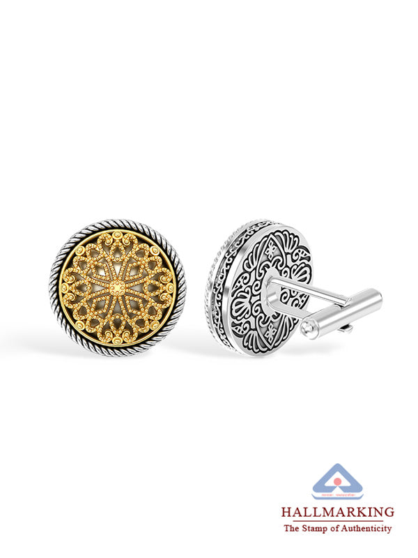925 Sterling Silver 14K Gold-Plated Two-Tone Vintage Flower Pattern Cufflinks For Man