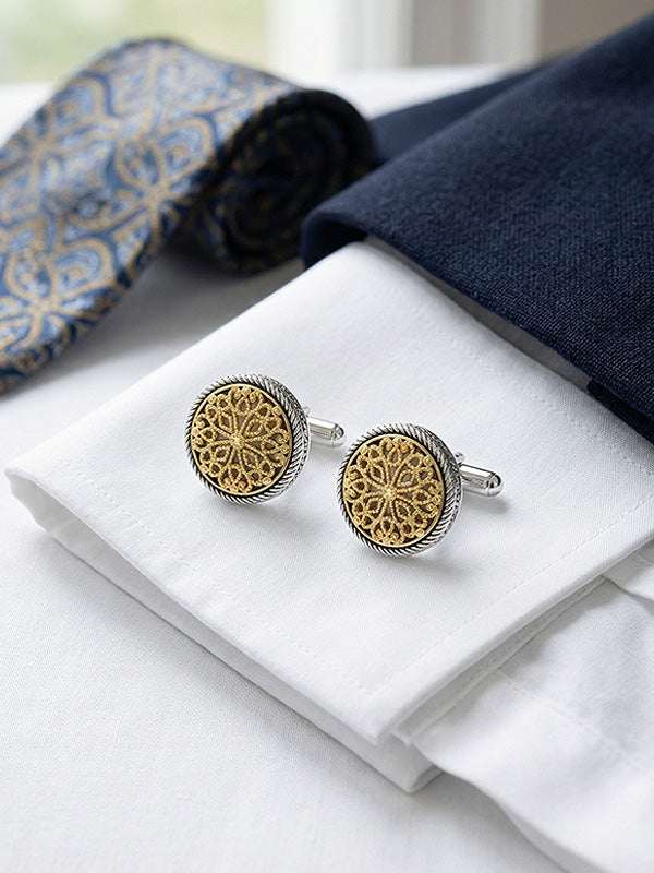 925 Sterling Silver 14K Gold-Plated Two-Tone Vintage Flower Pattern Cufflinks For Man