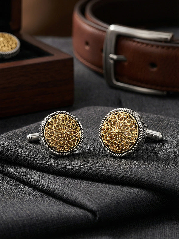 925 Sterling Silver 14K Gold-Plated Two-Tone Vintage Flower Pattern Cufflinks For Man