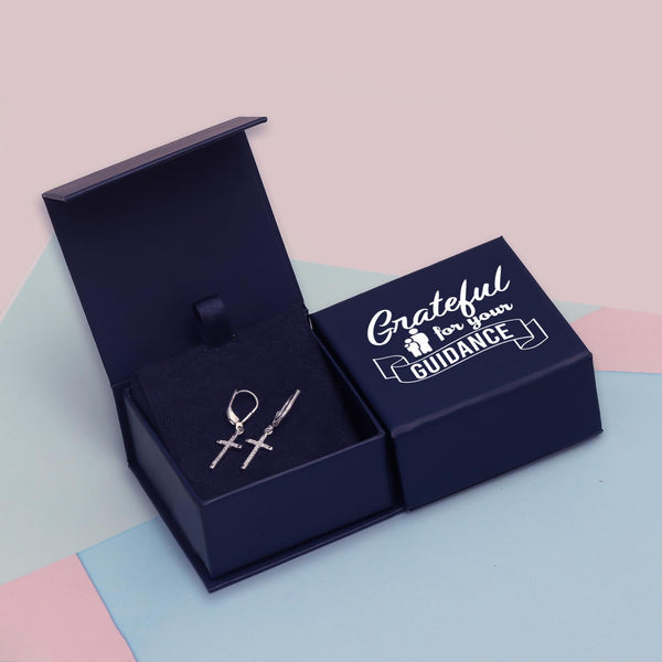 925 Sterling Silver Leverback Dangle Drop CZ Cross Earrings With Gift Box for Men