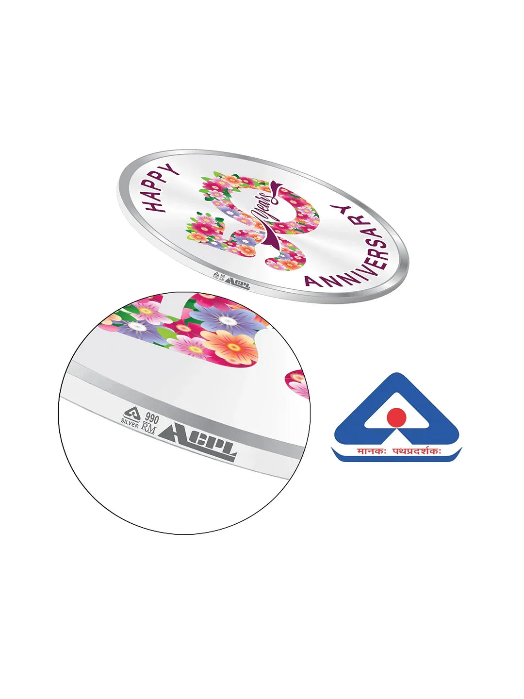 BIS Hallmarked Happy Anniversary Floral Design 999 Pure Silver Coin