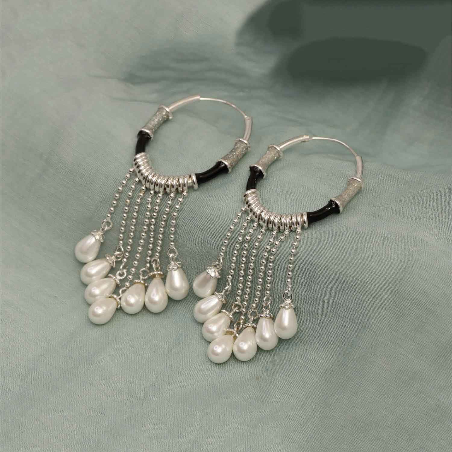 925 Sterling Silver Enamel Hanging Pearl Bali Hoop Earrings for Women and Girls