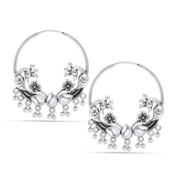 925 Sterling Silver Oxidized Peacock Polki Chandbali Hoop Earrings for Women and Girls