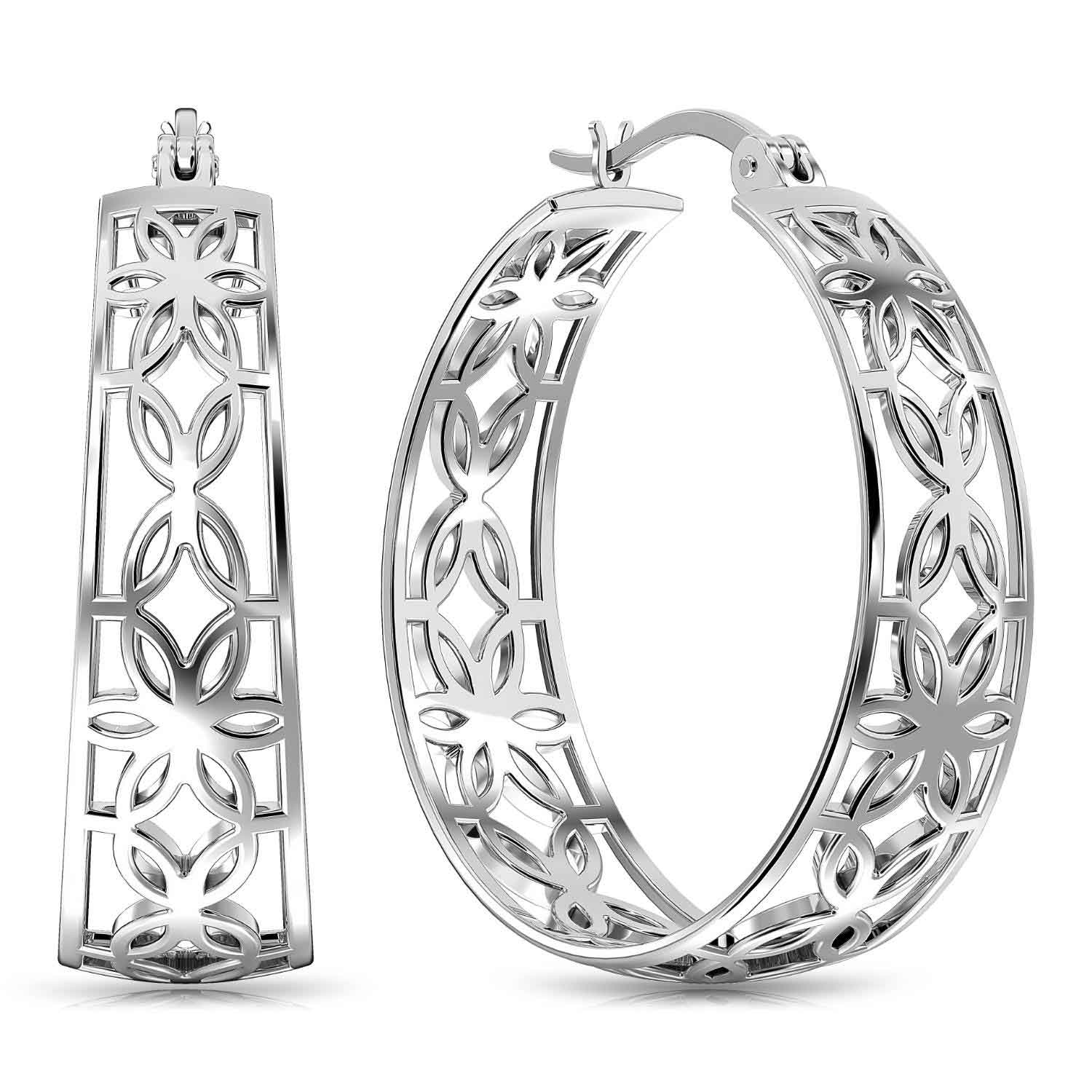 925 Sterling Silver Small Floral Filigree Hypoallergenic Round Shape Intricate Cutout Design Click-Top Hoop Earrings for Women