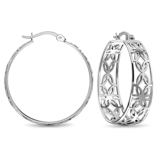 925 Sterling Silver Small Floral Filigree Hypoallergenic Round Shape Intricate Cutout Design Click-Top Hoop Earrings for Women