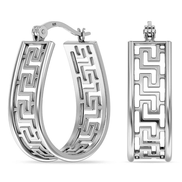 925 Sterling Silver Light-Weight Filigree Greek Wall Rhodium-Plated Hoop Earrings for Women